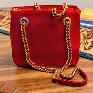 VTG Prada Red Leather Chain-Handle Shoulder Bag